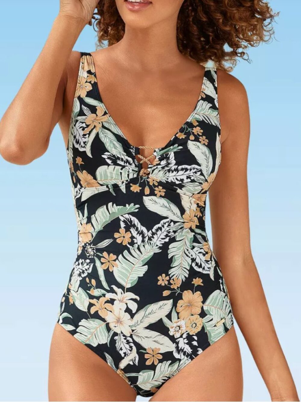 LASCANA One Piece Swimsuit Size 4 C / D Black Green Tropical Floral Print Modest